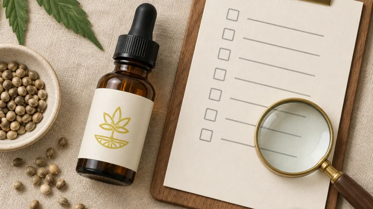 Fľaštička CBD oleja Hemp Farms vedľa kontrolného zoznamu so siedmimi políčkami a lupy